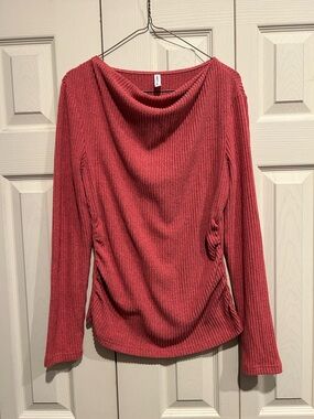 Ribbed Cowl Neck Long Sleeve Top — Coral Pink